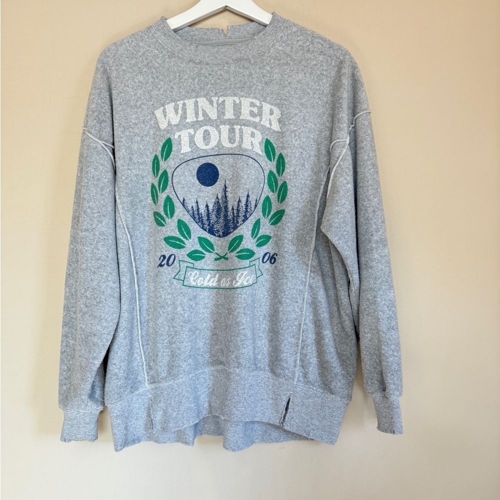 Aerie Pleated Sleeve Terry Crew Neck Graphic Sweatshirt Gray Oversized XS